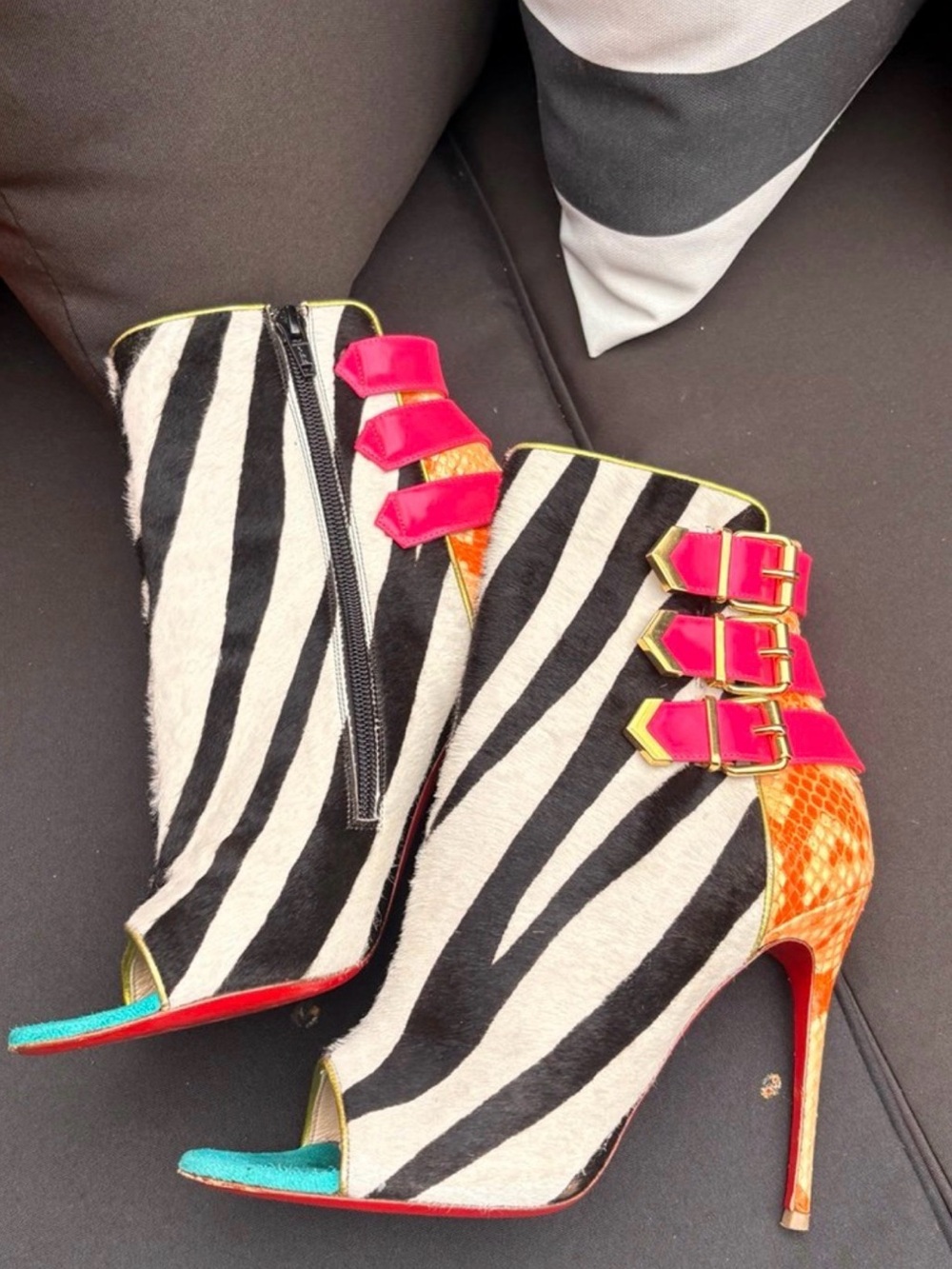 Zebra-Print Peep-Toe Ankle Booties with Hot Pink Buckle Straps - Picture 4 of 4